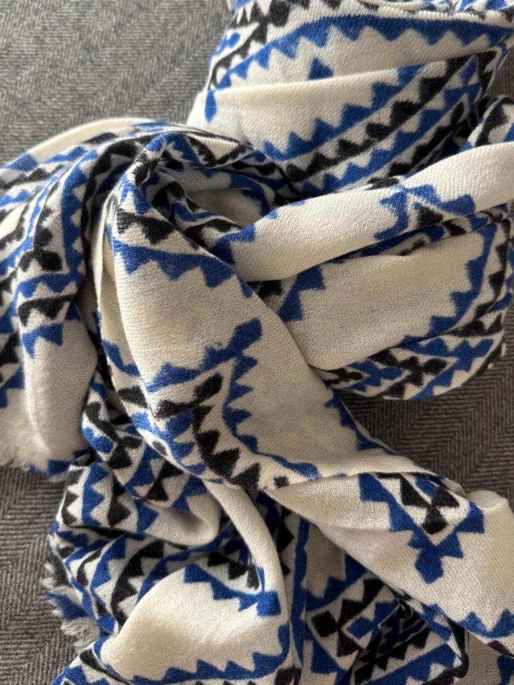NWOT, ROLLER RABBIT, CREAM WITH BLACK/BLUE PATTERN WOOL SCARF